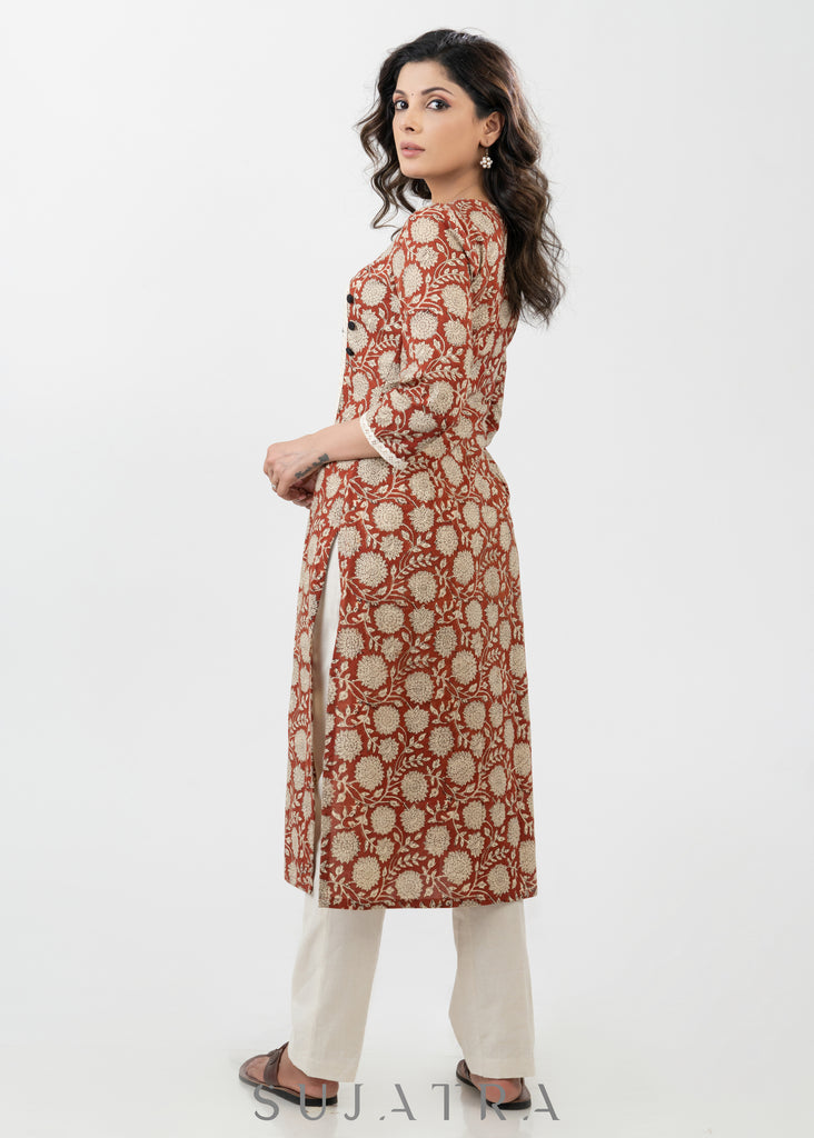 Trendy Block Printed Cotton Kurta With Laces - Pant Optional