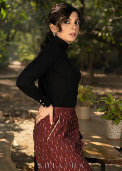 Stlyish maroon ikat fitted skirt with beautiful ajrakh combination