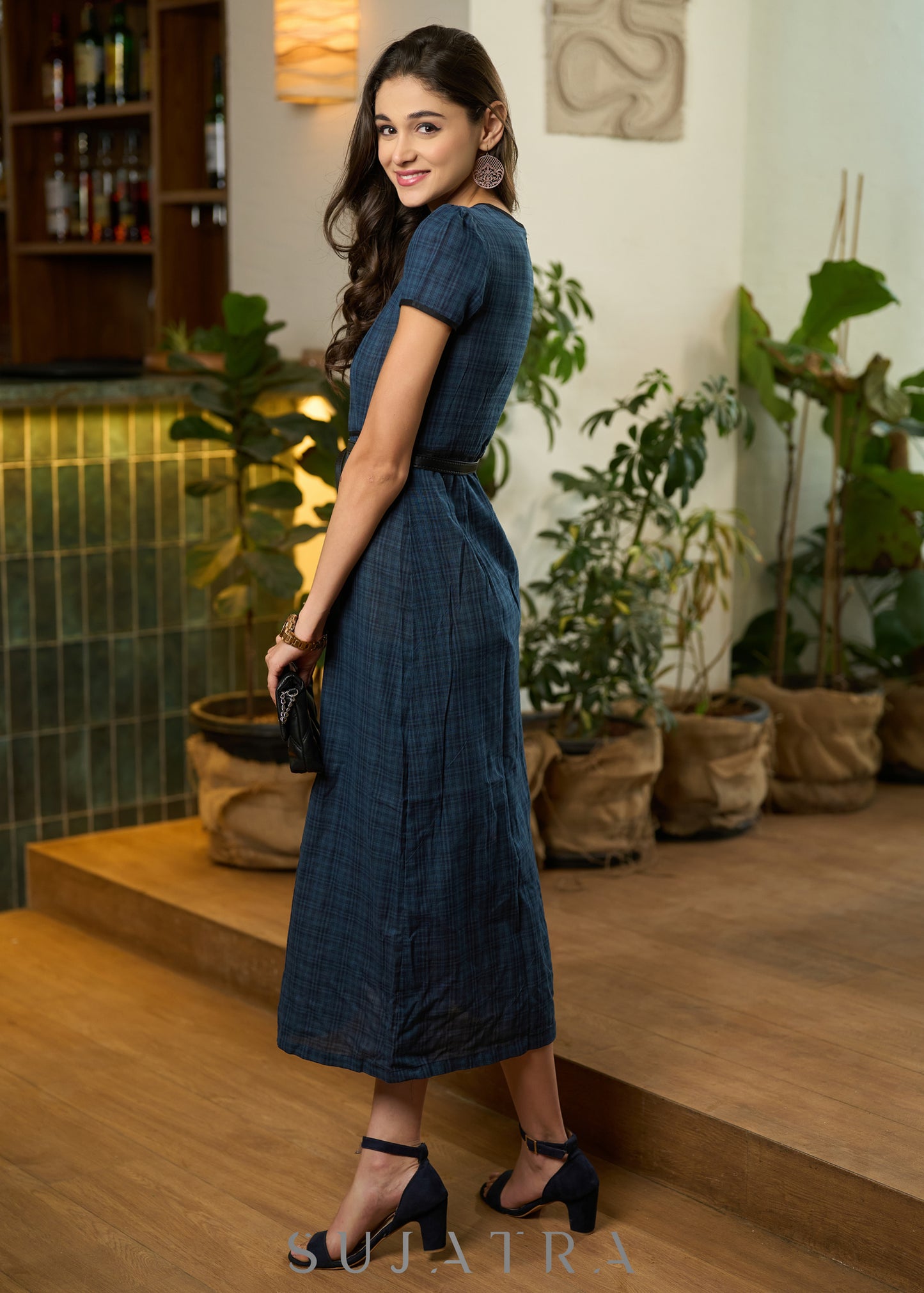 Classy Blue Cotton checkered long one piece dress with Slit