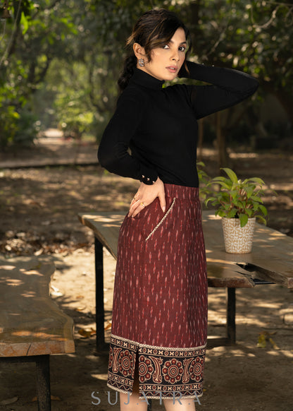 Stlyish maroon ikat fitted skirt with beautiful ajrakh combination