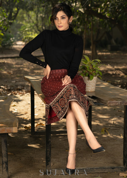 Stlyish maroon ikat fitted skirt with beautiful ajrakh combination