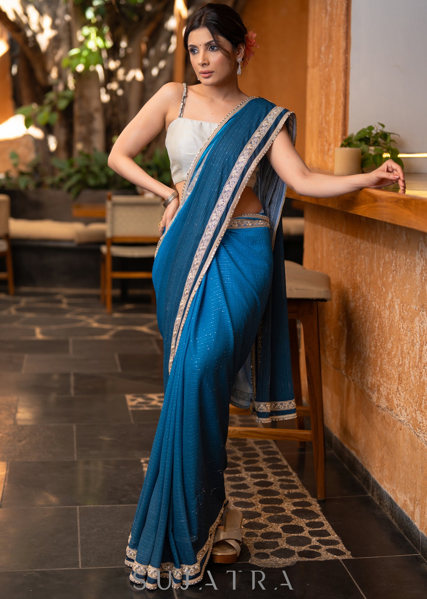 Trendy Teal Ombre Saree With Overall Sequence Highlighted With Beautiful Pearl Laces