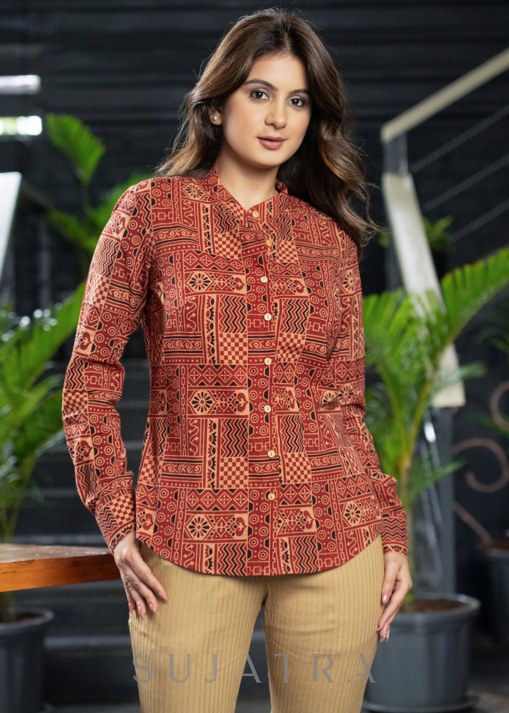 Stylish Maroon Ajrakh Cotton Mandarin Shirt with Wooden Buttons