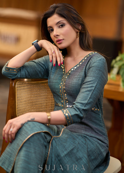 Exclusive dark teal cotton kurta with gold sequence work on yoke Pant optional