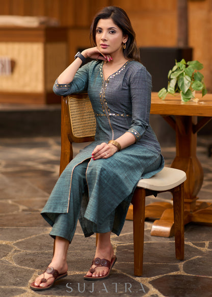 Exclusive dark teal cotton kurta with gold sequence work on yoke Pant optional