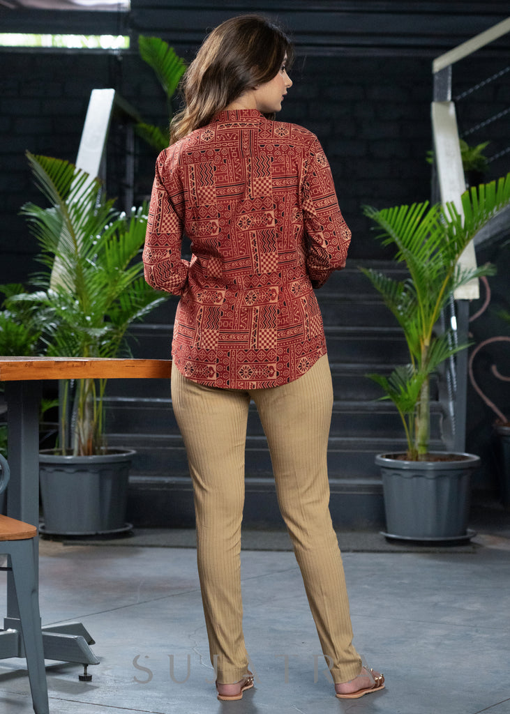 Smart Beige Skinny Fit Trouser Maroon Ajrakh Shirt Optional