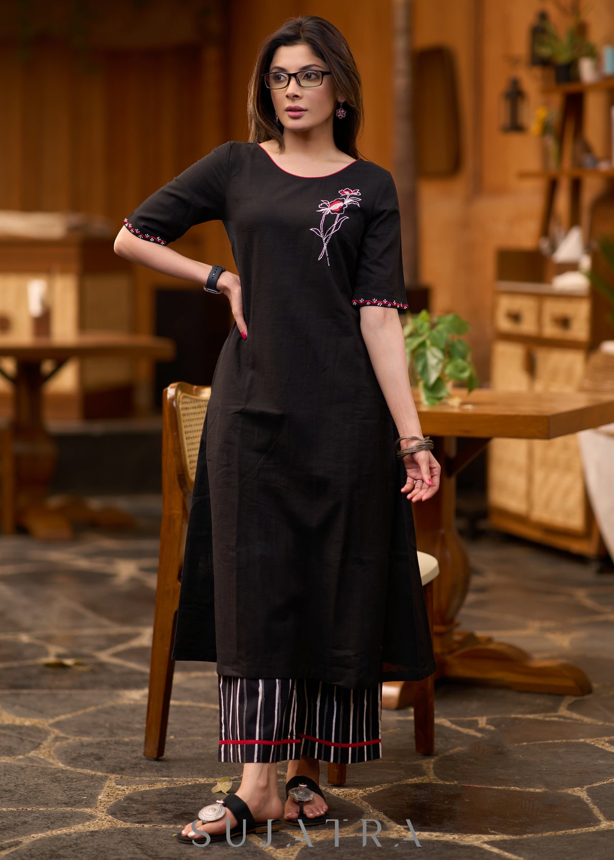 Dussehra Sale — Exclusive black cotton kurta with embroidered motif - Pant Optional