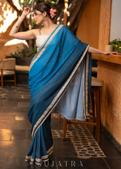 Trendy Teal Ombre Saree With Overall Sequence Highlighted With Beautiful Pearl Laces