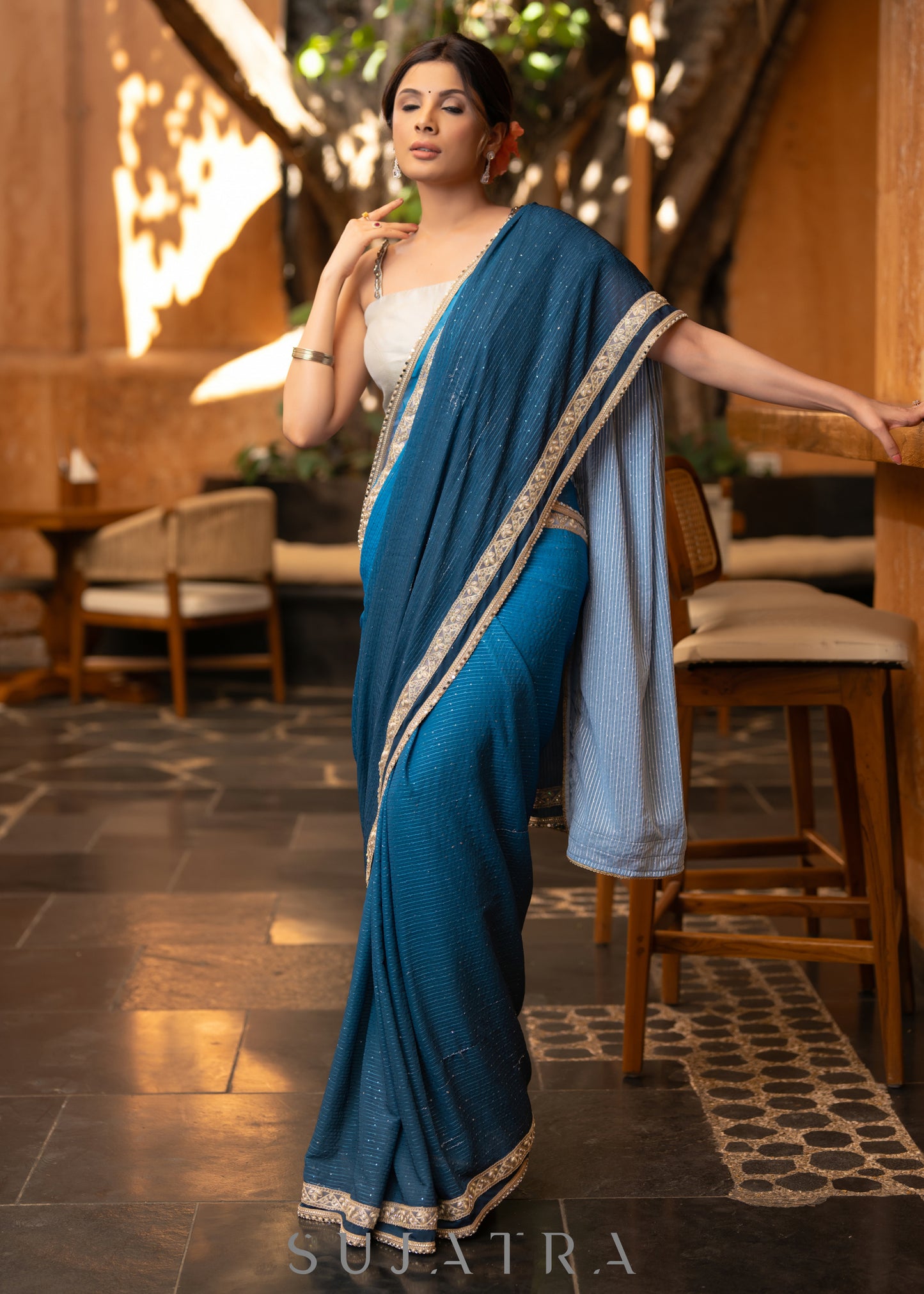 Trendy Teal Ombre Saree With Overall Sequence Highlighted With Beautiful Pearl Laces