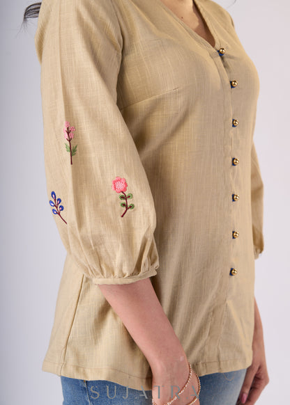 Classy Beige cotton top with embroidery on sleeves