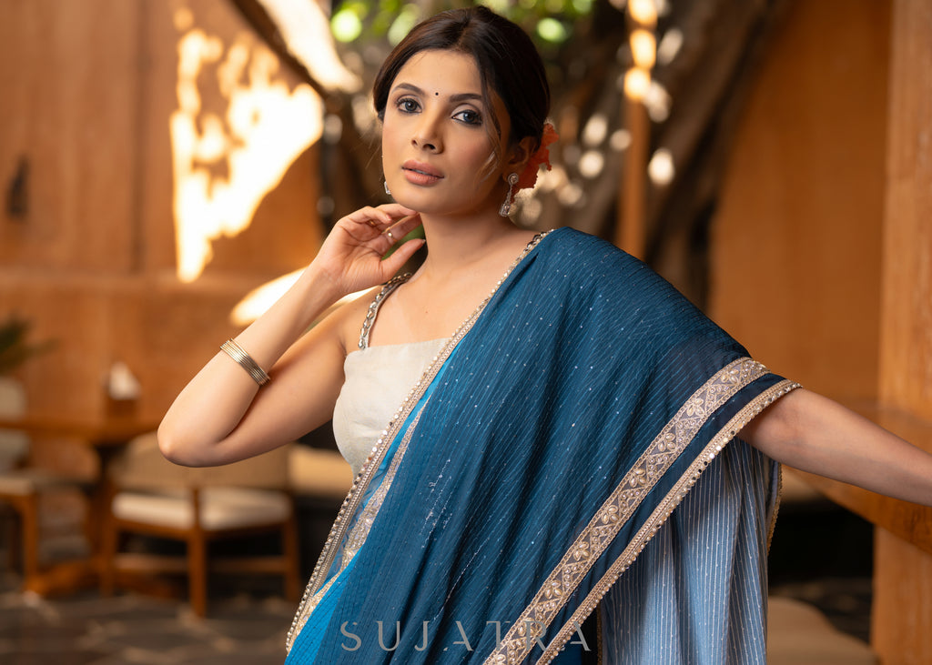 Trendy Teal Ombre Saree With Overall Sequence Highlighted With Beautiful Pearl Laces