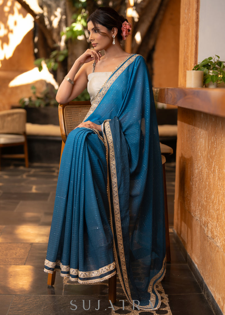 Trendy Teal Ombre Saree With Overall Sequence Highlighted With Beautiful Pearl Laces