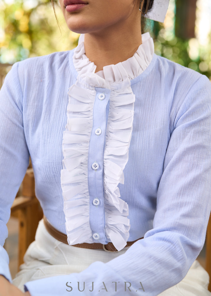 Sky blue cotton crepe shirt with georgette frills - Pin tuck Skirt Optional