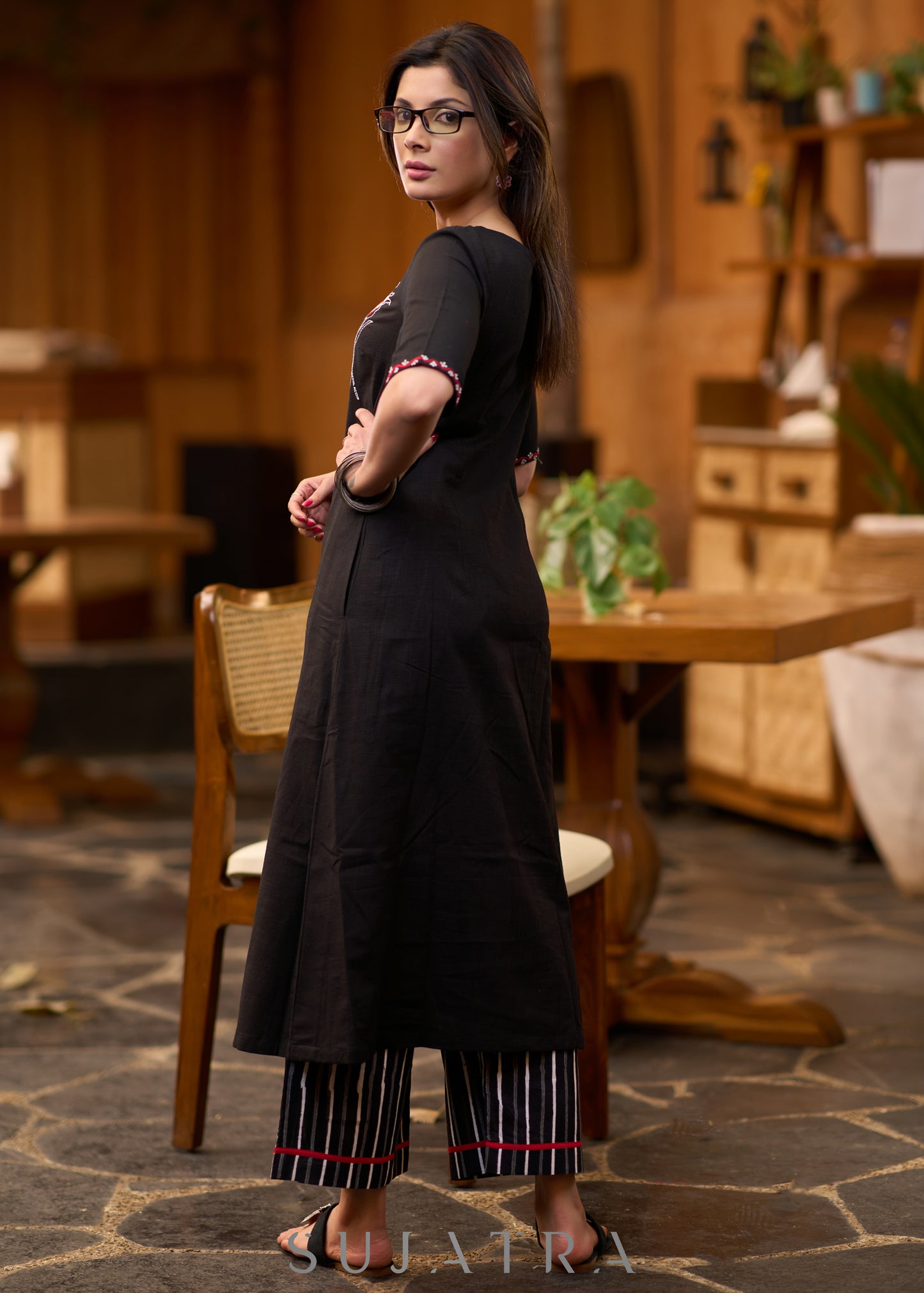 Exclusive black cotton kurta with embroidered motif - Pant optional