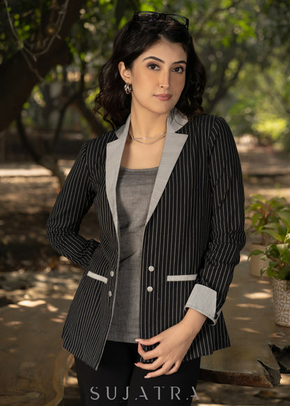 Smart black cotton striped formal blazer with grey combination - Cotton Inner optional