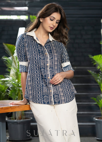 Casual Navy Blue Printed Shirt with Wooden Buttons & White Detailing