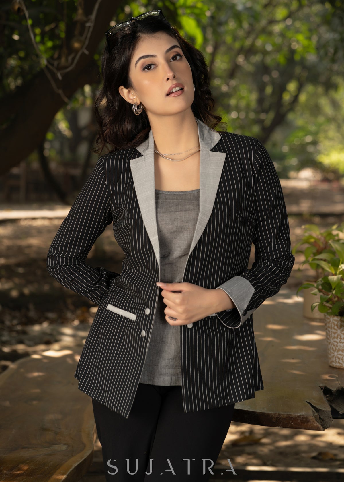 Dussehra Sale — Smart black cotton striped formal blazer with grey combination - Cotton Inner Optional