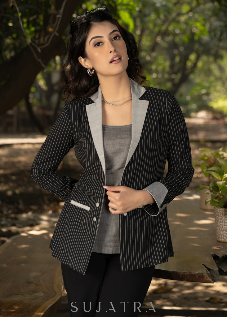 Smart black cotton striped formal blazer with grey combination and optional cotton inner