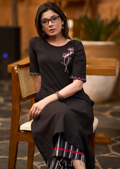 Exclusive black cotton kurta with embroidered motif - Pant optional