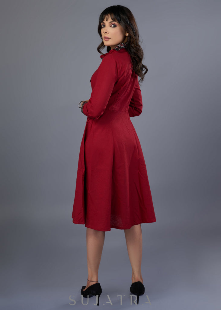 Stylish Maroon Cotton Collared Dress