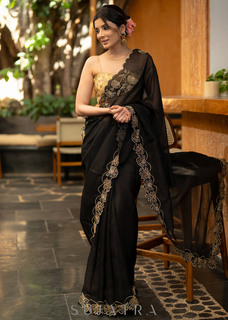 Classy Black Organza Saree With Overall Exquisite Floral Embroidery