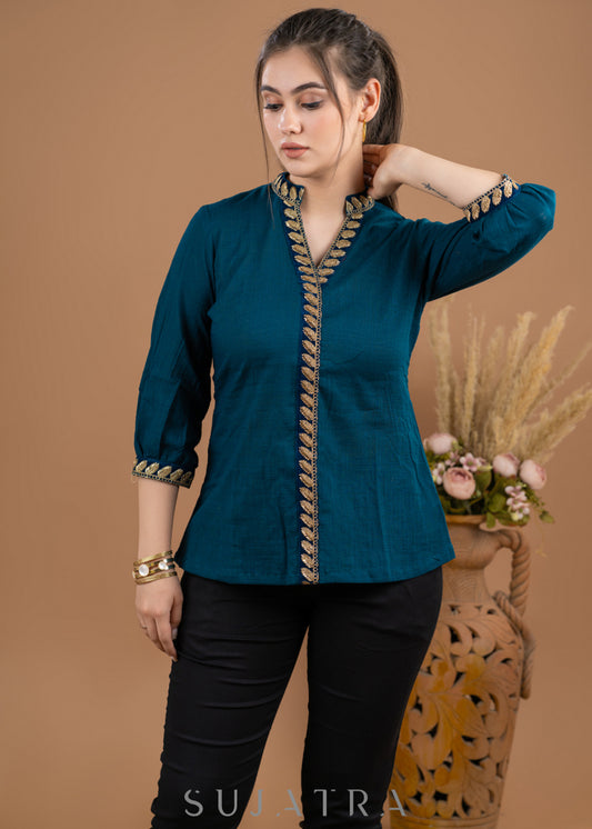 Trendy Teal Cotton embroidered Lace top