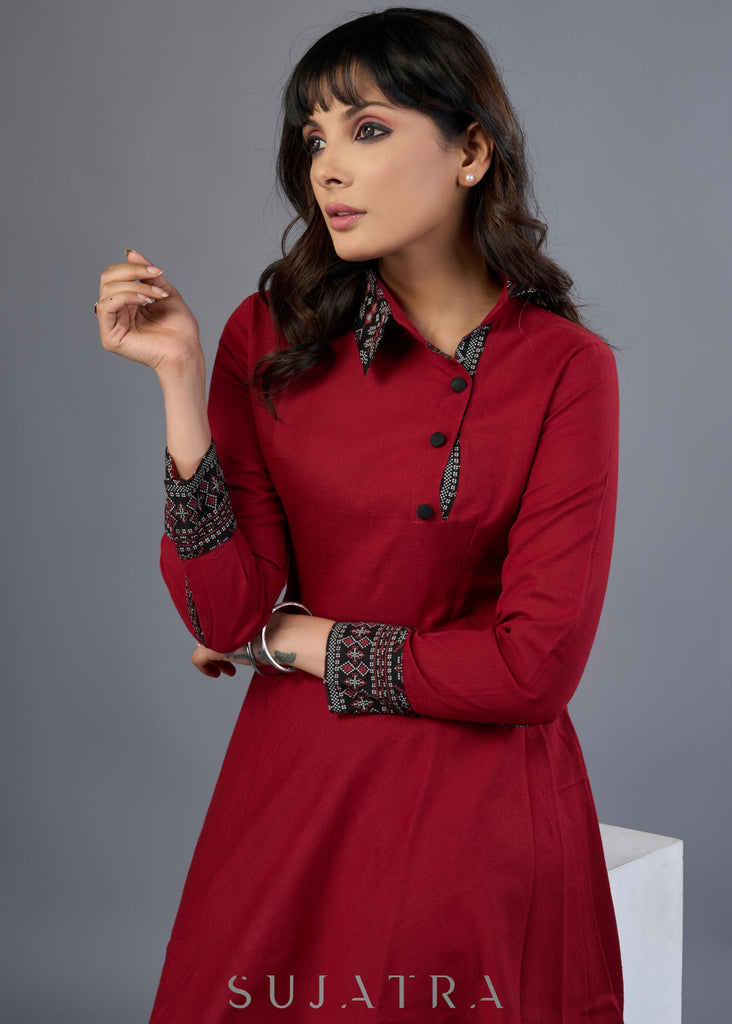 Stylish Maroon Cotton Collared Dress