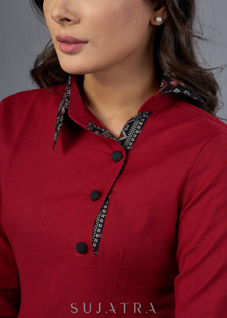 Stylish Maroon Cotton Collared Dress