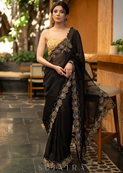 Classy Black Organza Saree With Overall Exquisite Floral Embroidery