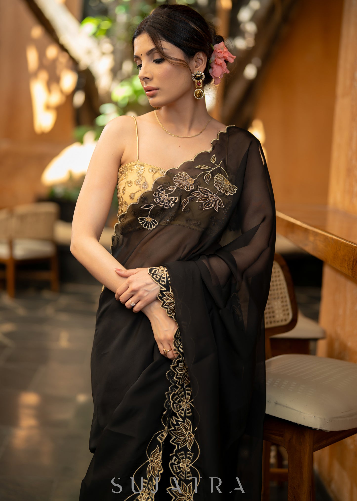 Classy Black Organza Saree With Overall Exquisite Floral Embroidery
