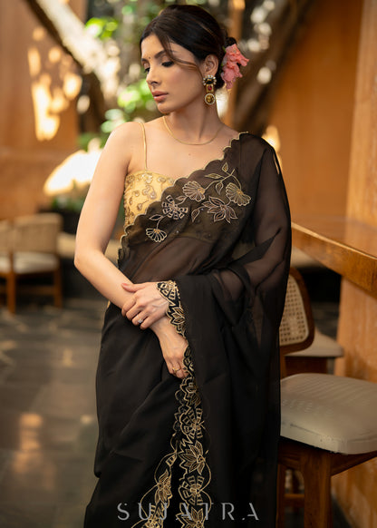 Classy Black Organza Saree With Overall Exquisite Floral Embroidery