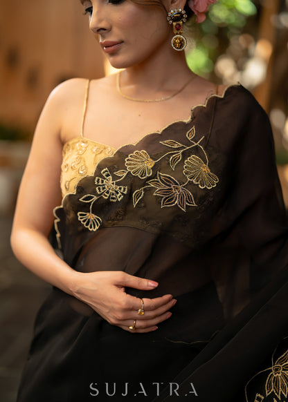 Classy Black Organza Saree With Overall Exquisite Floral Embroidery