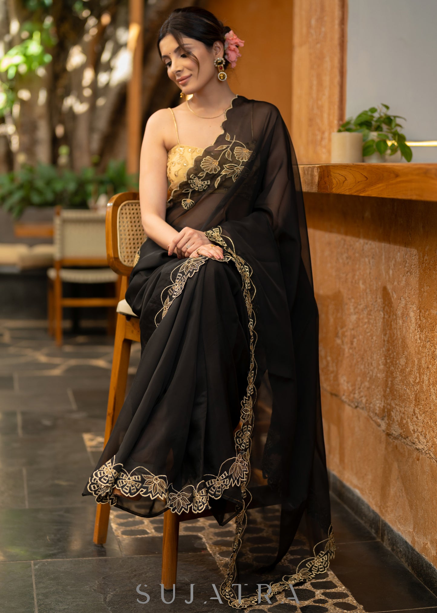 Classy Black Organza Saree With Overall Exquisite Floral Embroidery