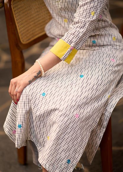 Trendy Black & white ikat kurta with yellow detaling & embroiderey all over Pant optional