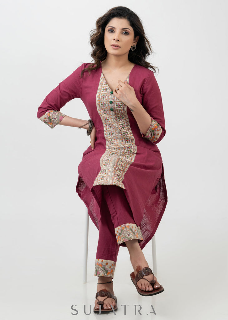 Unique Magenta Cotton Madhubani Print Kurta - Pant Optional