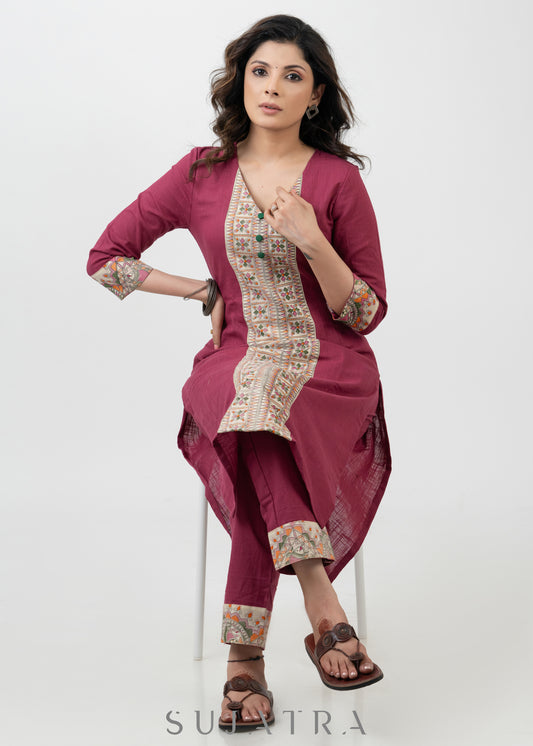 Unique Magenta Cotton Madhubani Print Kurta - Pant Optional