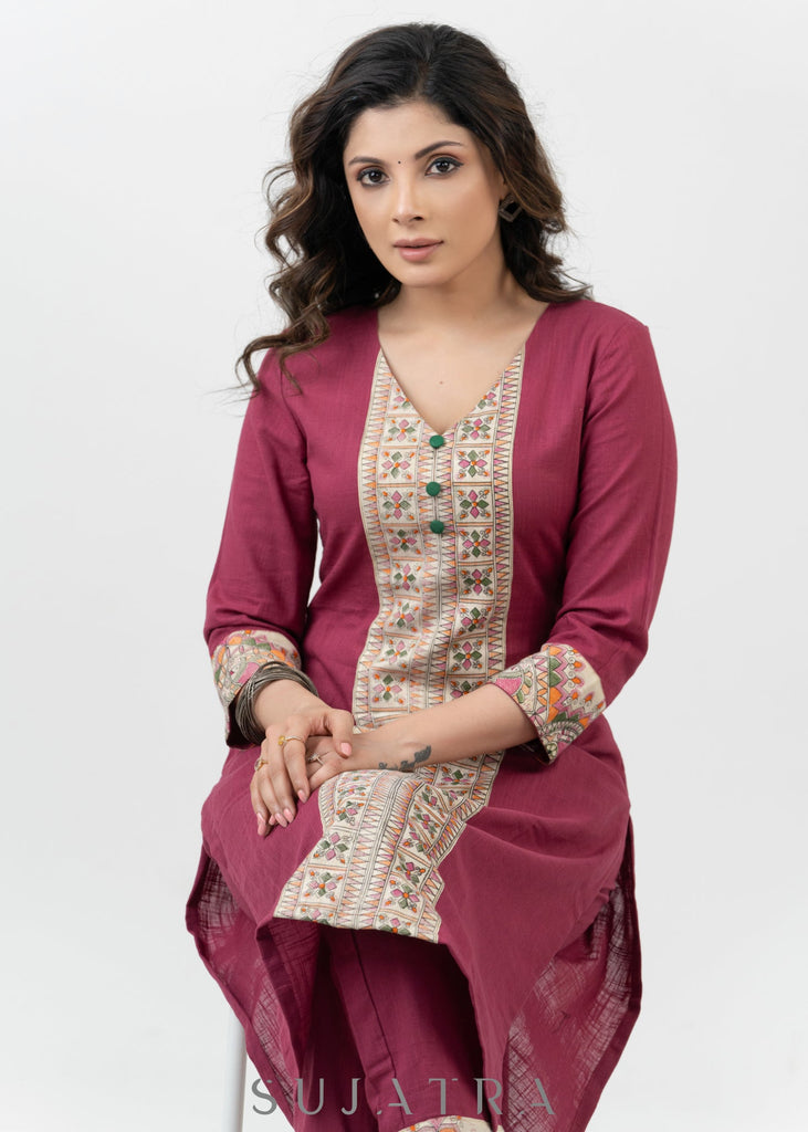 Unique Magenta Cotton Madhubani Print Kurta - Pant Optional