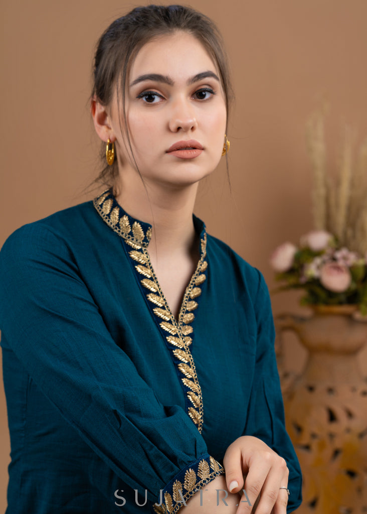 Trendy Teal Cotton embroidered Lace top