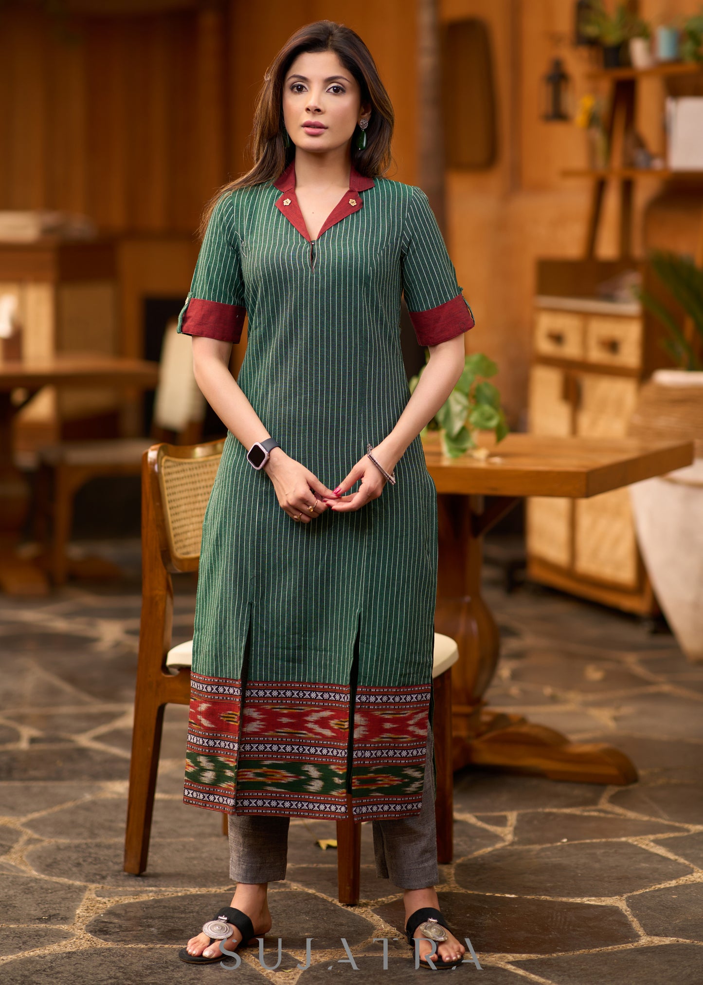 Classy green striped kurta with ikat border Pant optional