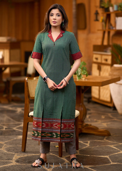 Classy green striped kurta with ikat border Pant optional