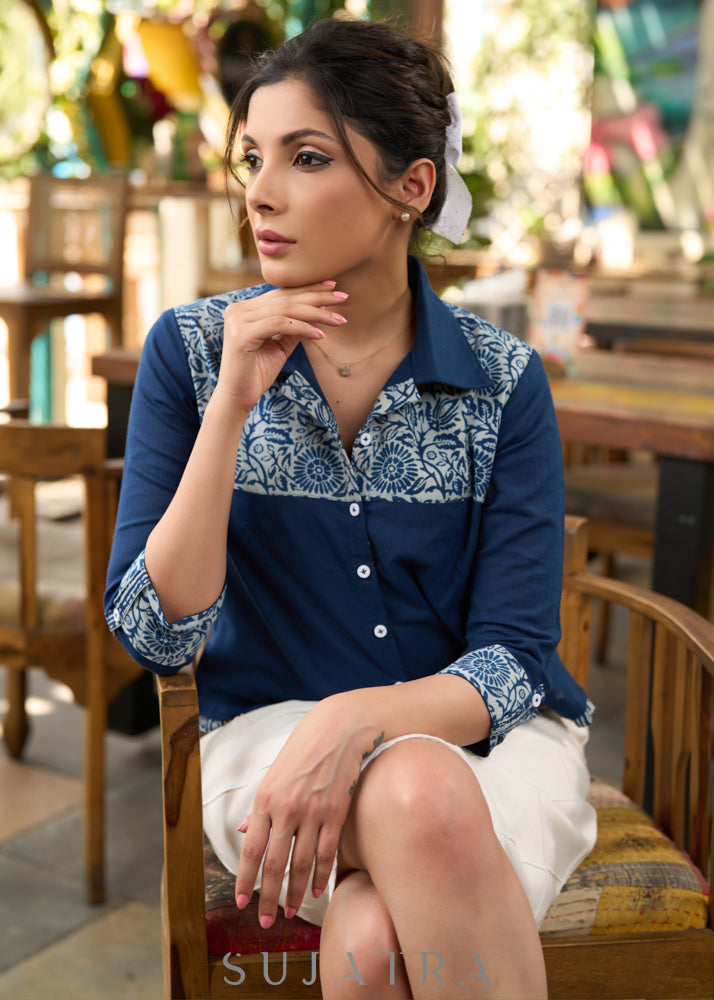 Navy blue crop shirt with indigo floral yoke - Skirt Optional