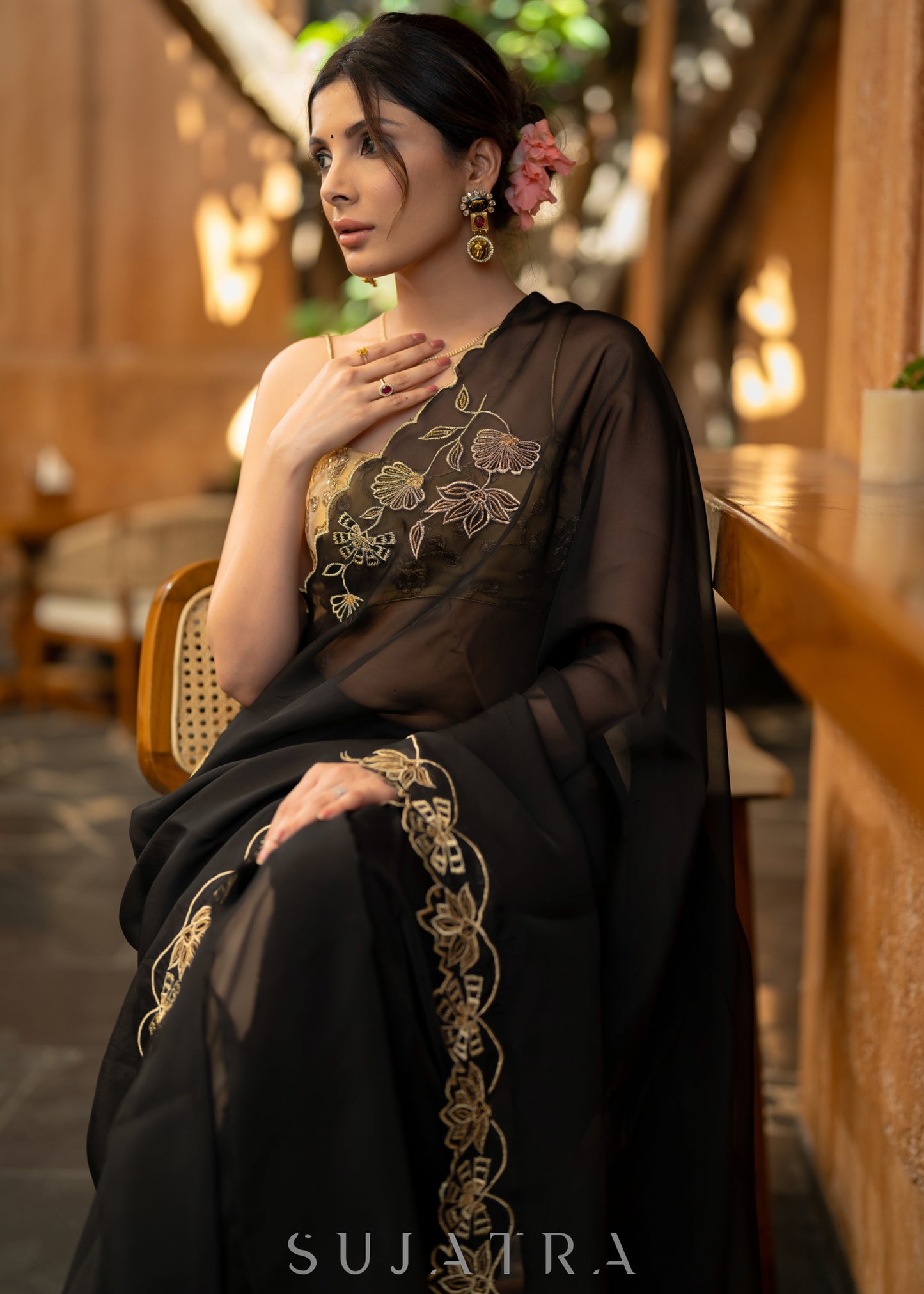 Classy Black Organza Saree With Overall Exquisite Floral Embroidery