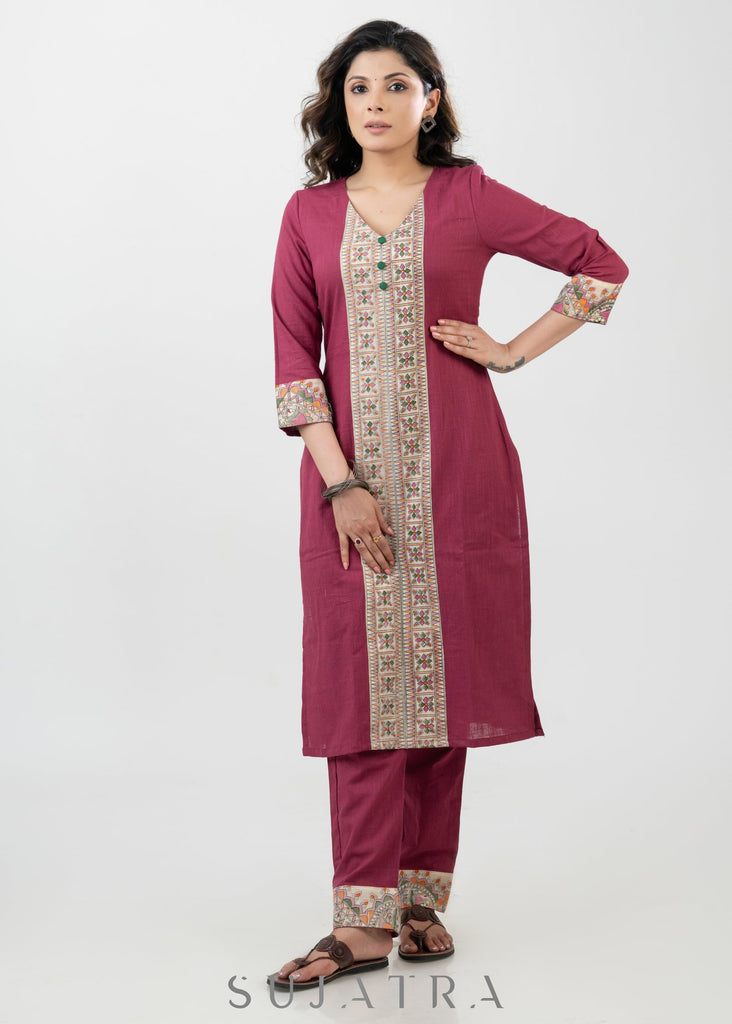 Unique Magenta Cotton Madhubani Print Kurta - Pant Optional