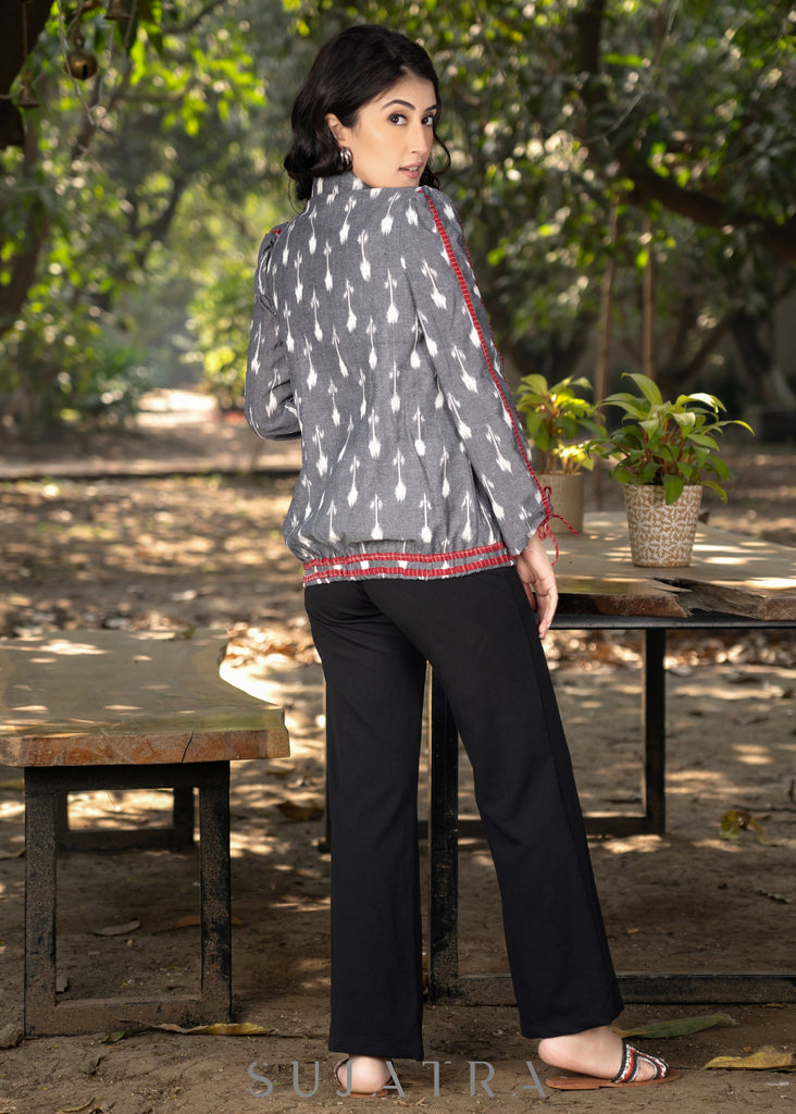 Stylish grey cotton ikat bomber jacket with red highlights