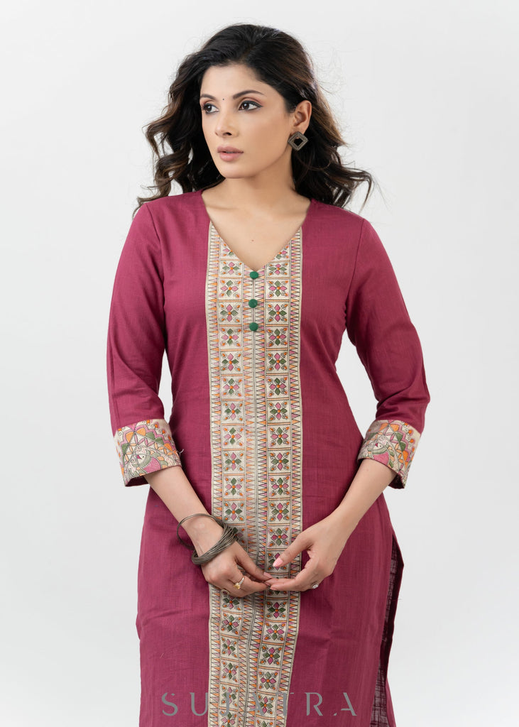 Unique Magenta Cotton Madhubani Print Kurta - Pant Optional