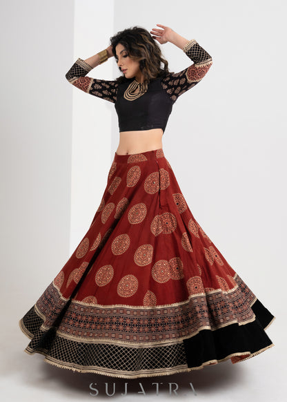 Designer Maroon Ajrakh cotton Lehenga with Black Embroidered blouse & gerogette dupatta