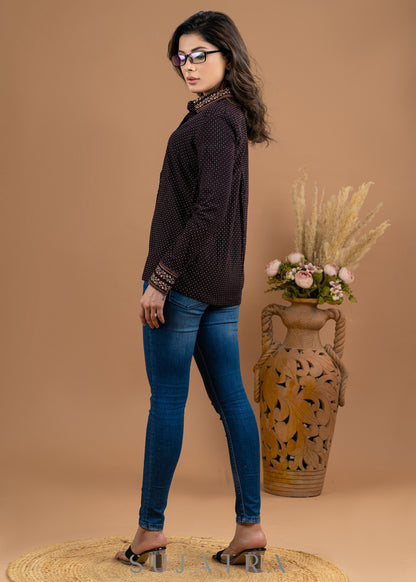 Elegant black cotton casual shirt with Ajrakh combination