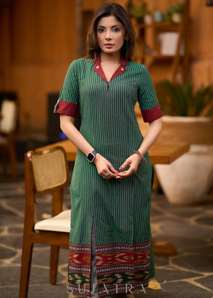 Classy green striped kurta with ikat border Pant optional