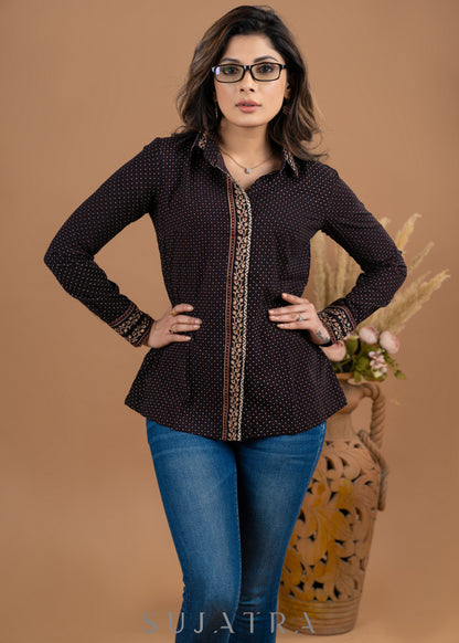 Elegant black cotton casual shirt with Ajrakh combination