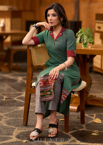 Classy green striped kurta with ikat border Pant optional